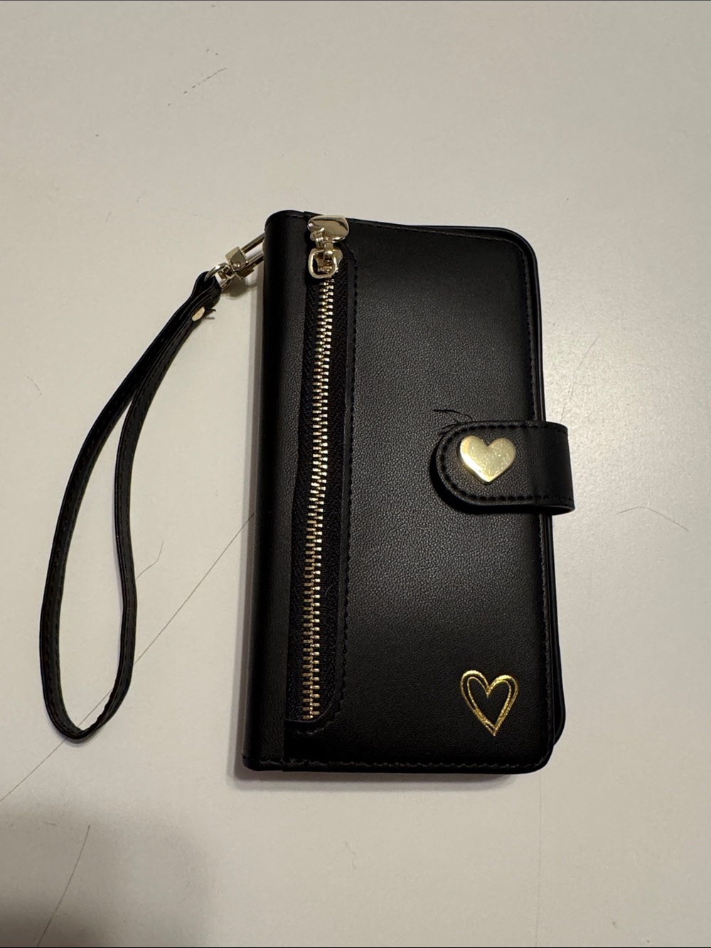 Black Wristlet Phone Wallet with Gold Heart Accents for iPhone 15 Pro Max